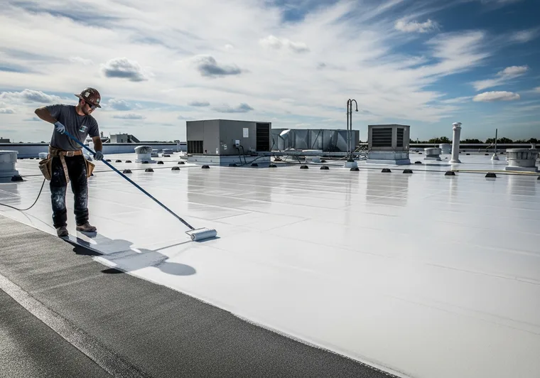 Reflective white elastomeric roof coating applied to a commercial flat roof