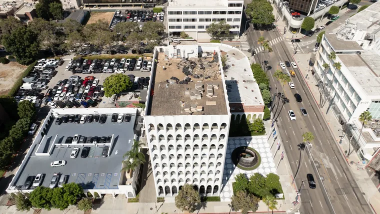 Aerial view of a commercial flat roof replacement in Los Angeles